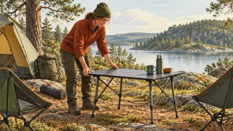 Illustration av ett hopfällbart campingbord med stolar och packväskor vid en lägerplats.