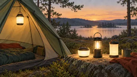 Illustration av flera campinglyktor intill ett tält, varav en hänger i tältöppningen.