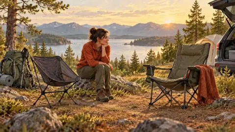 Illustration av campingstolar vid en lägerplats med packväskor intill.