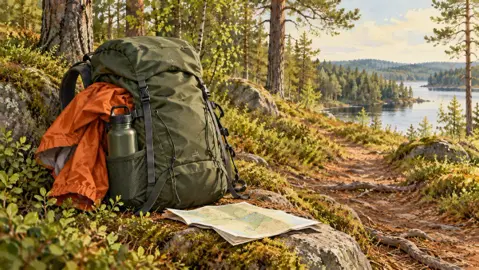 Illustration av en mindre vandringsryggsäck med vattenflaska och regnjacka vid en skogsstig