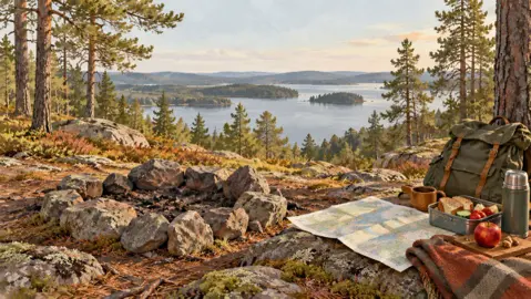Illustration av en kall rastmåltid vid en släckt eldstad