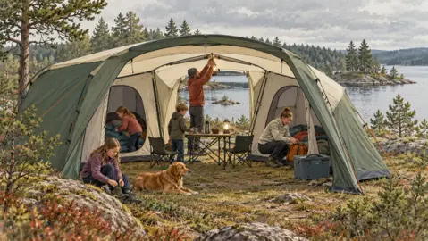 Illustration av ett rymligt familjeläger i svensk natur, utan identifierade tältmodeller.