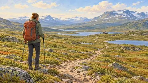 Illustration av en vandrare med stavar på en fjällstig med en stuga i bakgrunden.