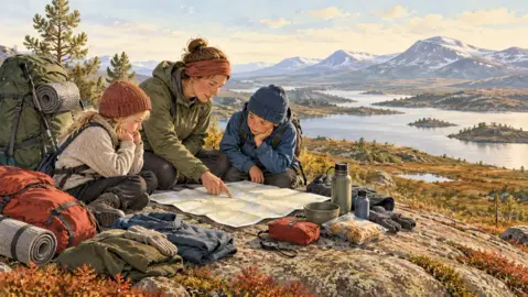 Illustration av en vuxen och två barn som studerar en karta på en rastplats i fjällandskap.