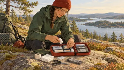 Illustration av ett öppet första hjälpen-kit med förbandsmaterial inför en vandring.
