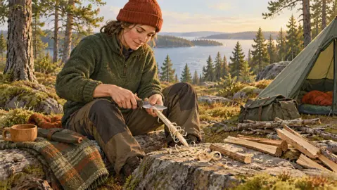 Illustration av en person som täljer en träbit med kniv vid ett tält.