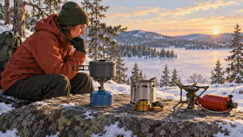 Illustration av olika brännartyper och bränslebehållare vid matlagning utomhus