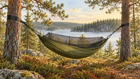 Illustration av en grön hängmatta med myggnät mellan två tallar vid en sjö.