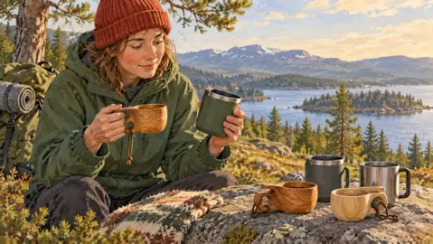 Illustration av små och stora friluftskåsor vid en rastplats