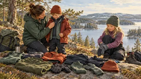 Illustration av barnkläder ordnade i baslager, mellanlager och ytterplagg med mössa och vantar.