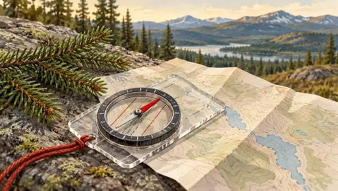 Illustration av kompass och karta inför vandring.