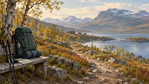 Illustration av ryggsäck, karta och fjällstugor