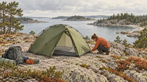 Illustration av en person vid ett grönt kupolformat tält på en berghäll i skärgården.