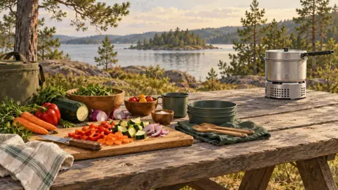 Illustration av grönsaker och kärl på ett picknickbord med ett släckt kök avskilt från matberedningen