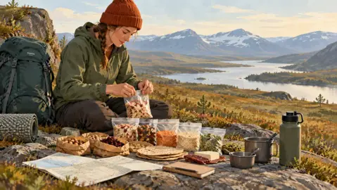 Illustration av portionspåsar, råvaror och vattenflaska inför en vandring