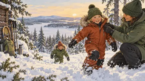 Illustration av en vinteroverall med mössa, vantar och kängor inför utelek.