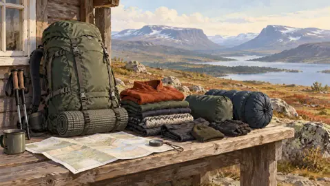 Illustration av fjällvandringspackning, karta, kompass och sovutrustning på en bänk vid en fjällstuga.