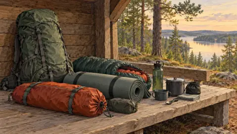 Illustration av en ryggsäck, packat tält, sovutrustning och kokkärl på ett bord i ett vindskydd.
