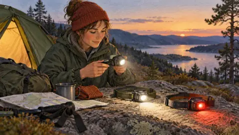 Illustration av en person som undersöker en pannlampa, med två andra pannlampor och en karta på en klipphäll.
