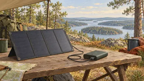 Illustration av solpanel och laddutrustning för en friluftstur.