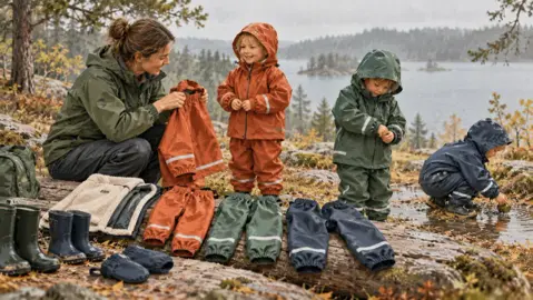 Illustration av barns regnställ, stövlar och ombyte för en regnig skogsdag