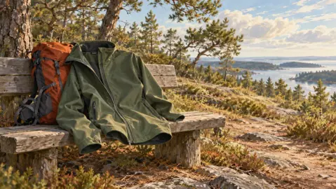 Illustration av jacka och ryggsäck på en bänk