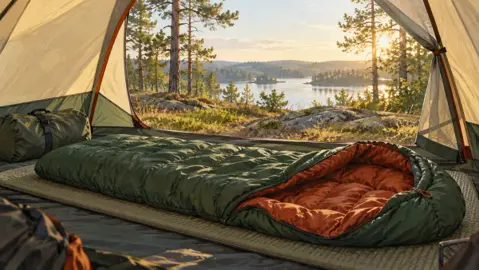 Illustration av en grön sovsäck med orange insida i ett tält vid en skogssjö; ingen namngiven produkt avbildas