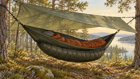 Illustration av en hängmatta med underfilt och orange sovsäck under tarp vid en sjö.