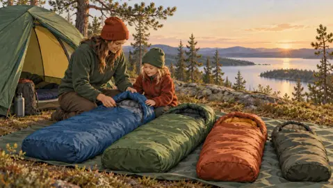 Illustration av fyra sovsäckar framför ett tält, där en vuxen och ett barn undersöker en av säckarna.