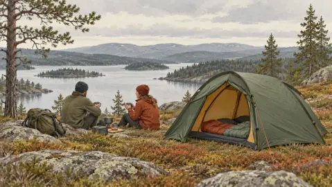 Illustration av en lugn tältplats för en tur med två personer i svensk natur.
