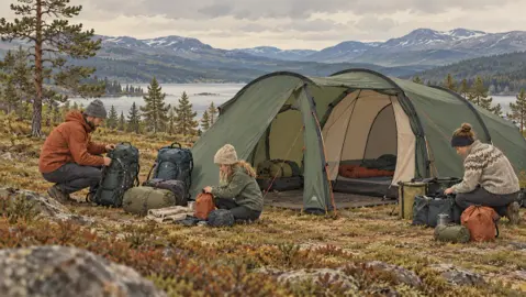 Illustration av två vuxna och ett barn som packar vid ett grönt tält med sjö och fjäll i bakgrunden.
