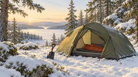 Illustration av ett öppet tält på snötäckt mark