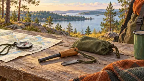Illustration av tändstål, separat skrapa, stängd påse, karta och kompass på ett picknickbord.