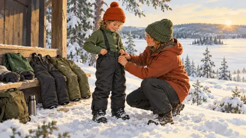 Illustration av fodrade barnbyxor med hängslen och vinterplagg på en bänk.