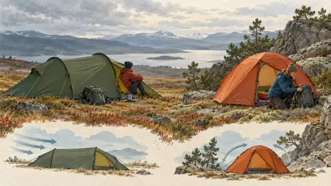 Illustration av ett tunneltält och ett kupoltält på en svensk tältplats.