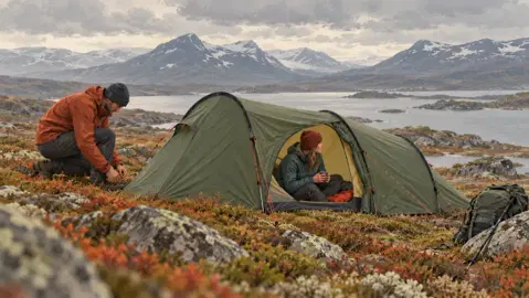 Illustration av två vandrare vid ett grönt tunnelformat tält intill en fjällsjö med snöfläckiga berg.