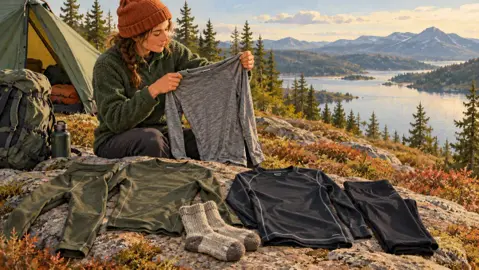 Illustration av underställströjor och långkalsonger i olika material inför en vandring.