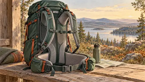 Illustration av ryggsäckens bärsystem på en bänk med utsikt över sjö och fjäll