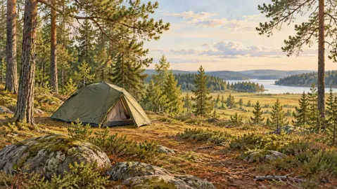 Illustration av ett uppslaget tält i ett öppet landskap