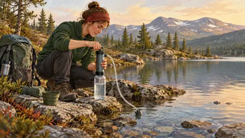Illustration av en person som pumpar vatten genom ett filter till en flaska vid en fjällsjö.