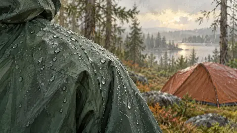 Illustration av regndroppar på en jacka med ett orange tält i bakgrunden