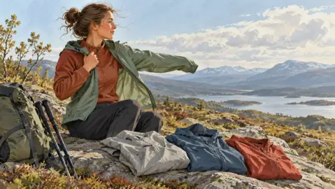 Illustration av lätta vindjackor och hopvikta jackor vid en blåsig fjällstig.