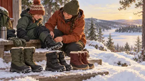 Illustration av fodrade barnkängor och vinterkläder på en snöig utflykt