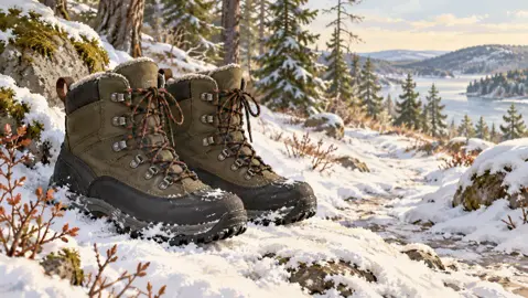 Illustration av vinterkängor vid en snötäckt stig