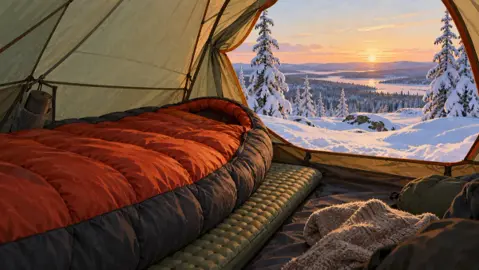 Illustration av ett vinterläger med sovsäck och liggunderlag i snö; bilden visar inget praktiskt test