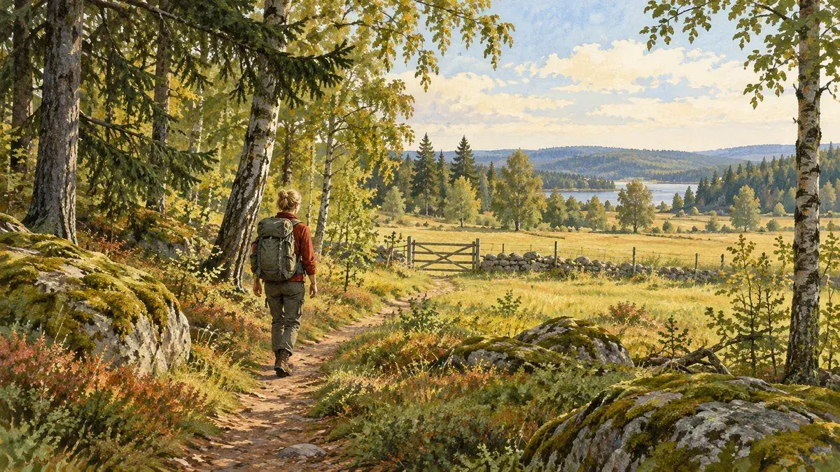 Illustration av en vandrare vid en grind intill en åker