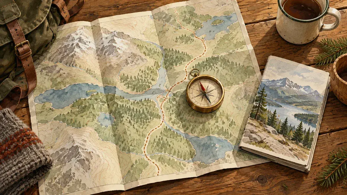 Illustrerad karta med kompass och ett litet landskapsblad på ett träbord.