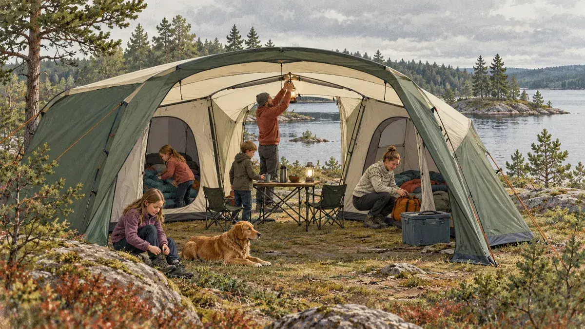 Illustration av ett rymligt familjeläger i svensk natur, utan identifierade tältmodeller.