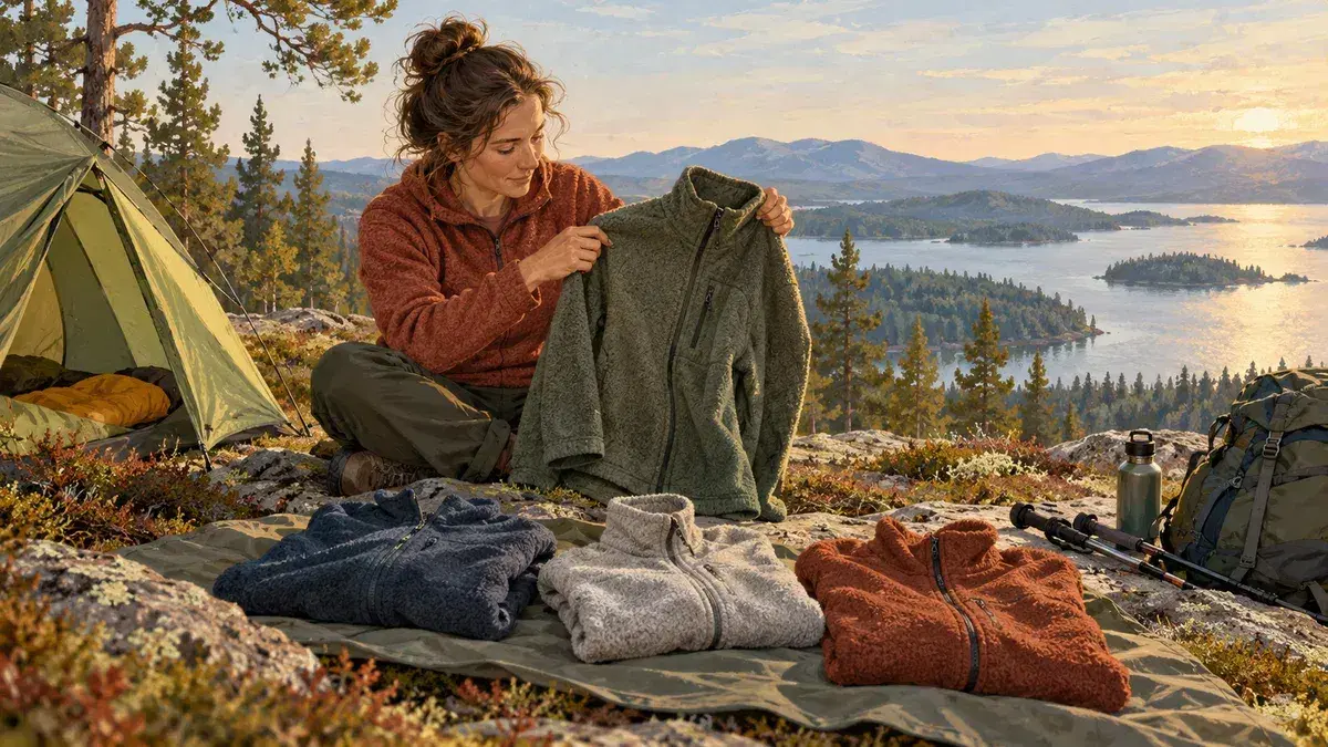 Illustration av fleeceplagg utomhus