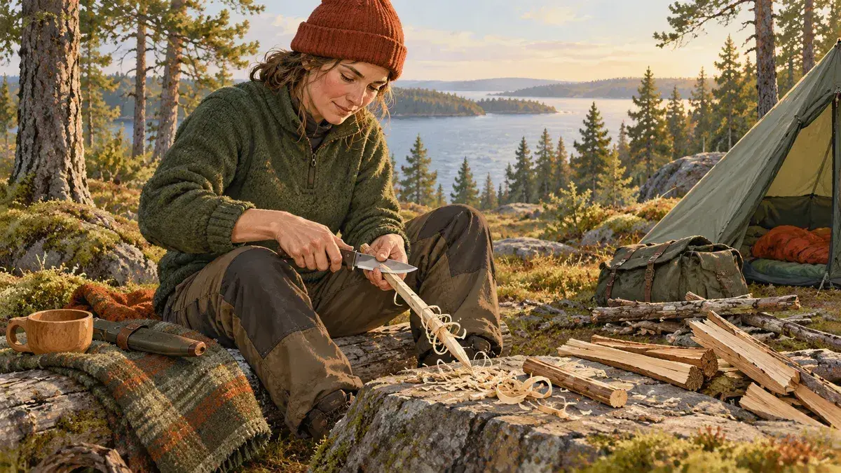 Illustration av en person som täljer en träbit med kniv vid ett tält.
